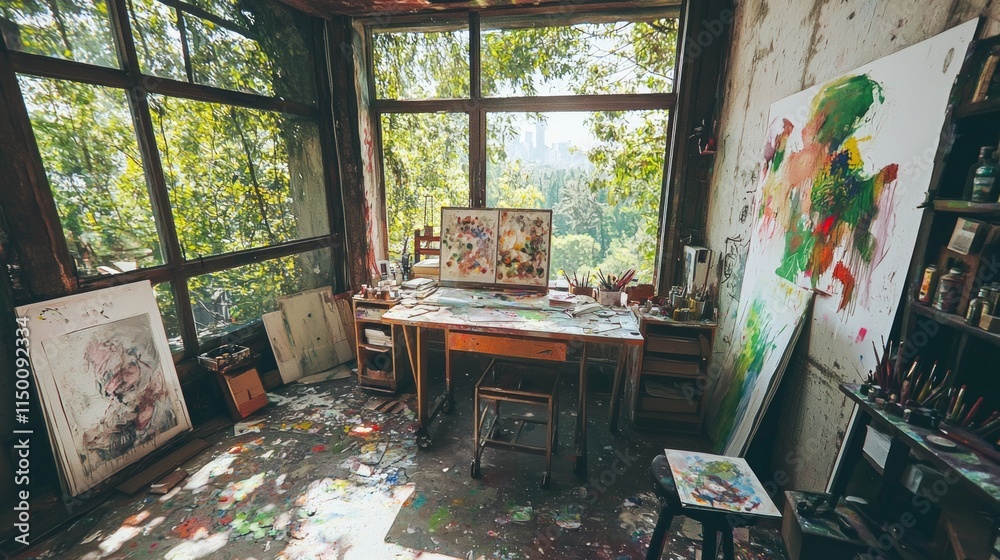 Fototapeta premium Creating art an artist's loft filled with inspiration in an industrial interior design setting