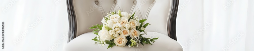 Bride bouquet placed on an antique chair, soft light backdrop Bride bouquet placed on an antique chair, soft light backdrop