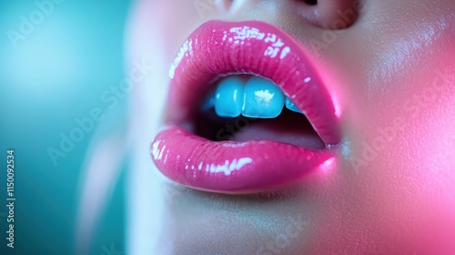 Stunning focus on glossy lips accentuated by radiant, colorful lighting, creating a glamorous and fashionable appeal in a meticulously composed photograph. photo