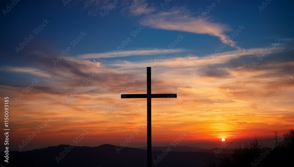 Generated image Silhouette of a cross against a vibrant sunrise sky with orange and blue hues Generated image Silhouette of a cross against a vibrant sunrise sky with orange and blue hues