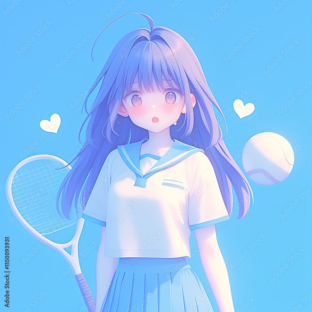 Young Girl Holding Tennis Racket with a Ball and Heart Icons