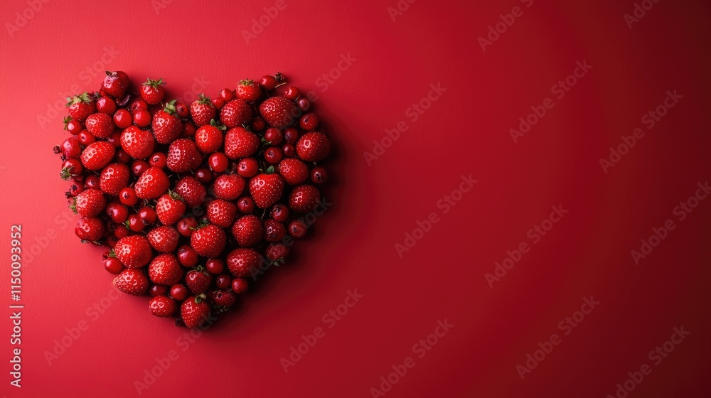 Red berry strawberry heart shape on red background Red berry strawberry heart shape on red background