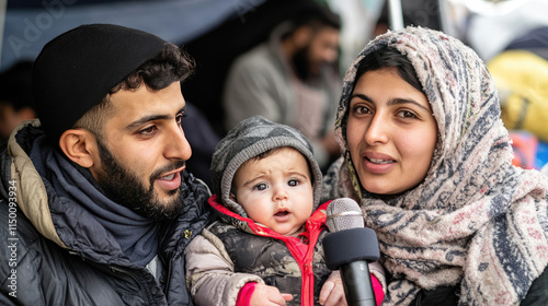 Middle Eastern refugee couple with infant baby in winter clothes talking to microphone, giving interview in shelter photo