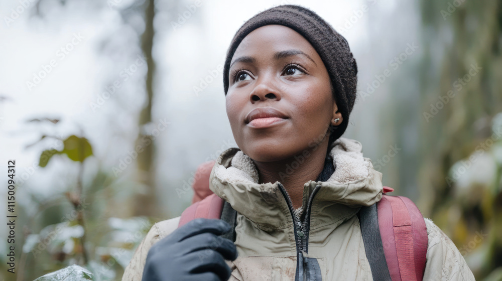 African woman forest ranger with a rugged at foggy dense forest conservation African woman forest ranger with a rugged at foggy dense forest conservation