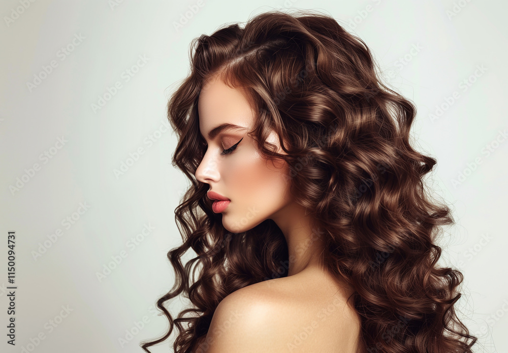 Naklejka premium Profile portrait of attractive woman with long brown curly hairstyle. Hair care, hair treatment, styling and beauty concept
