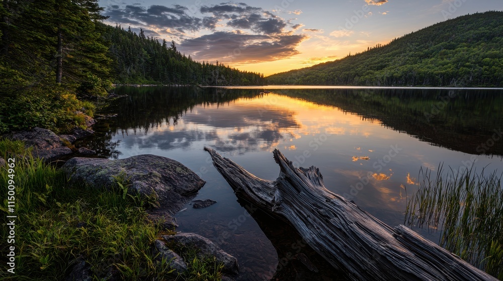 Obraz premium Reflection of Horizon on Calm Lake at Sunset with Scenic Nature