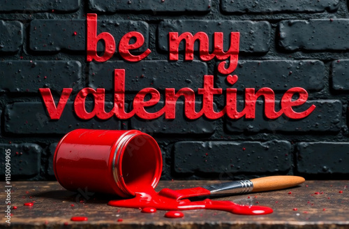 A can of scarlet paint with a brush lying on top and scarlet drops flowing from it close-up against a decorative wall made of black bricks with large scarlet text painted on it Be My Valentine photo