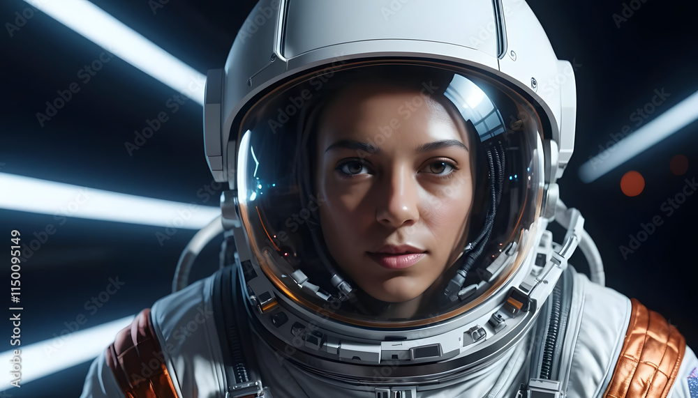 Determined Female Astronaut in Space Suit Close-up Determined Female Astronaut in Space Suit Close-up