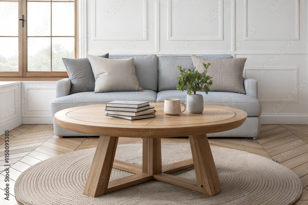 Fototapeta premium A rustic round wooden table with a small potted plant and books on it, set near a minimalist grey sofa with pillows. Large windows let in soft light, while a wool rug anchors the serene space