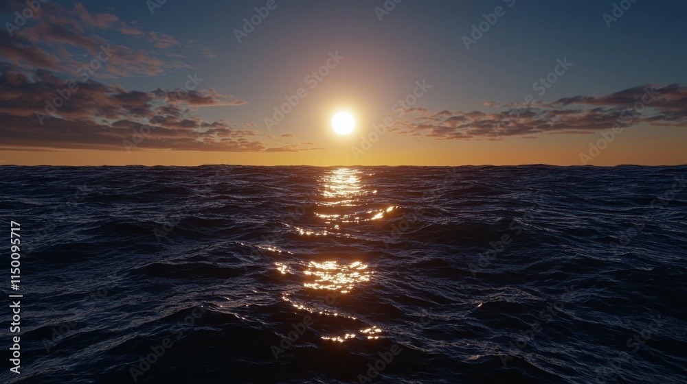 Obraz premium Captivating Sunset Over the Ocean Horizon with Glimmering Waves