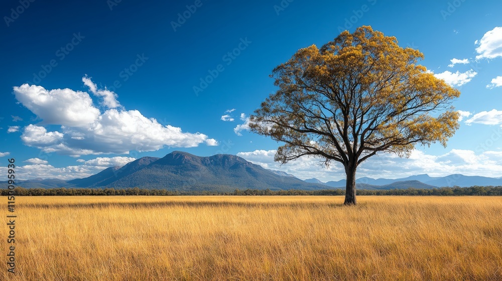 Golden tree stands alone in vast grassy landscape with mountains in background during bright daylight Golden tree stands alone in vast grassy landscape with mountains in background during bright daylight