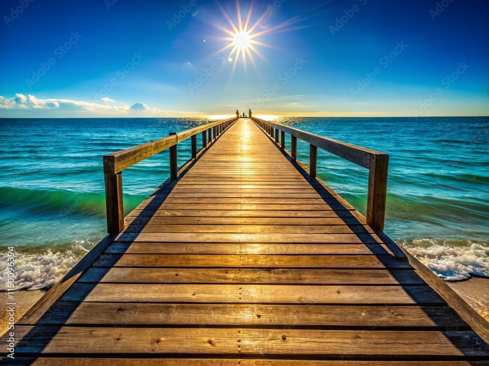 Fototapeta premium Seaside Pier Silhouette: Calm Ocean, Blurred Background, Wooden Structure