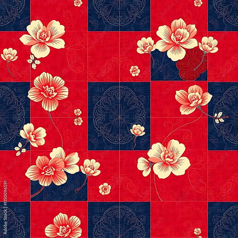 Red and Navy Floral Textile Design Red and Navy Floral Textile Design
