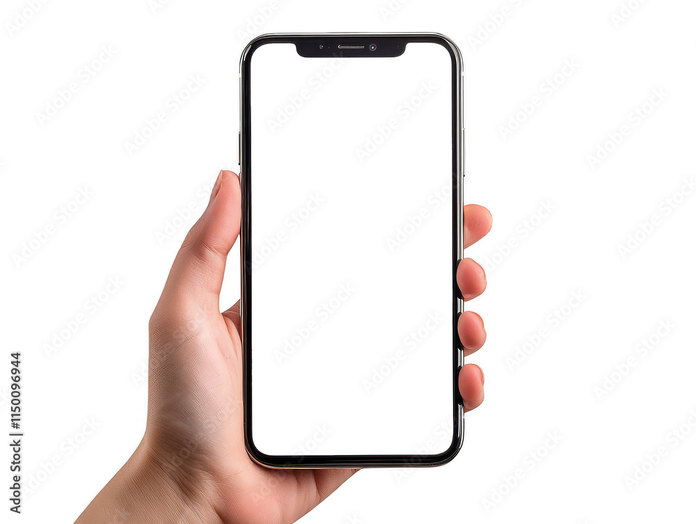 Hand Holding Smartphone with Blank Screen for Custom or App Display on Isolated Background, Ideal for Technology and Communication Concepts Hand Holding Smartphone with Blank Screen for Custom or App Display on Isolated Background, Ideal for Technology and Communication Concepts