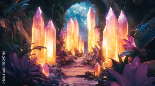 A radiant archway of glowing crystals leading into a lush jungle with luminous flowers and futuristic elements.