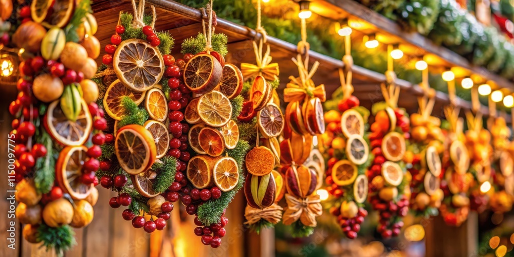 Naklejka premium Dried Citrus and Berries Hanging in a Festive Market Stall