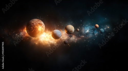 A vibrant portrayal of aligned planets amidst a glowing cosmic backdrop, evoking a sense of space exploration and universal wonder and discovery. photo