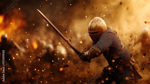 A fierce medieval knight clad in full armor, brandishing a sword amidst a raging battlefield filled with chaos, fire, and falling embers. photo