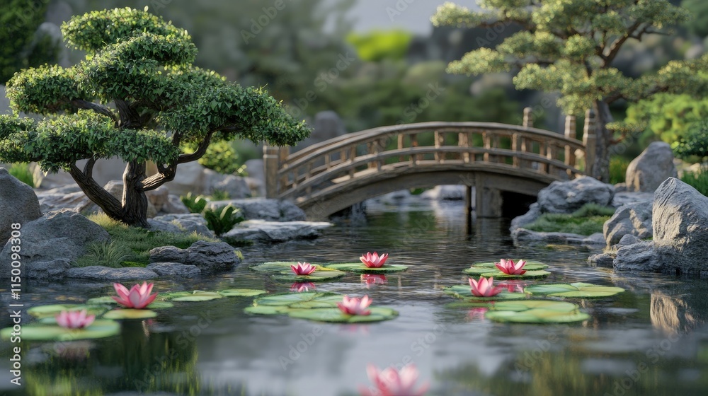 Serene Japanese Garden: Tranquil Pond with Wooden Bridge and Blooming Water Lilies Serene Japanese Garden: Tranquil Pond with Wooden Bridge and Blooming Water Lilies