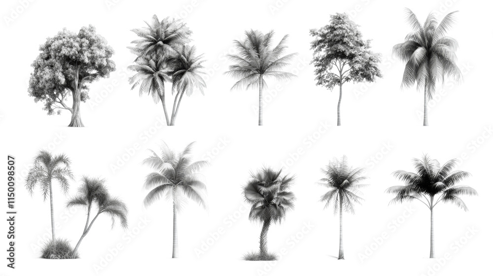Artistic collection of tropical trees on a in a natural setting Artistic collection of tropical trees on a in a natural setting