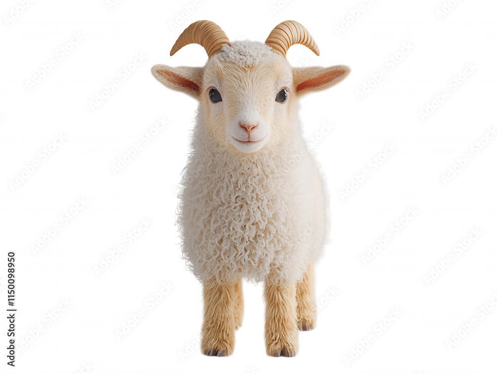 Obraz premium Adorable Young Goat with Soft White Fur and Curly Horns Standing Upright on a Clean White Background for Animal and Farm Themes in Photography