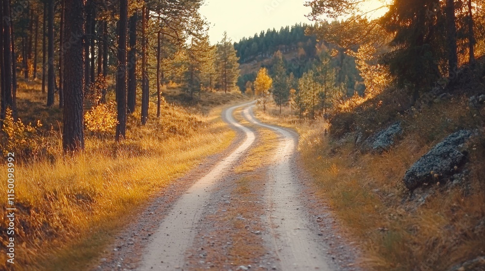 Obraz premium slow life relaxation concept. A winding dirt path surrounded by trees in a serene autumn landscape.