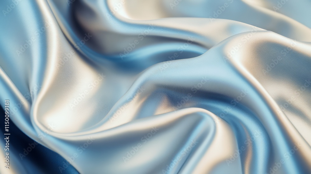 A close-up image of soft, shimmering blue silk fabric with elegant folds and smooth texture.