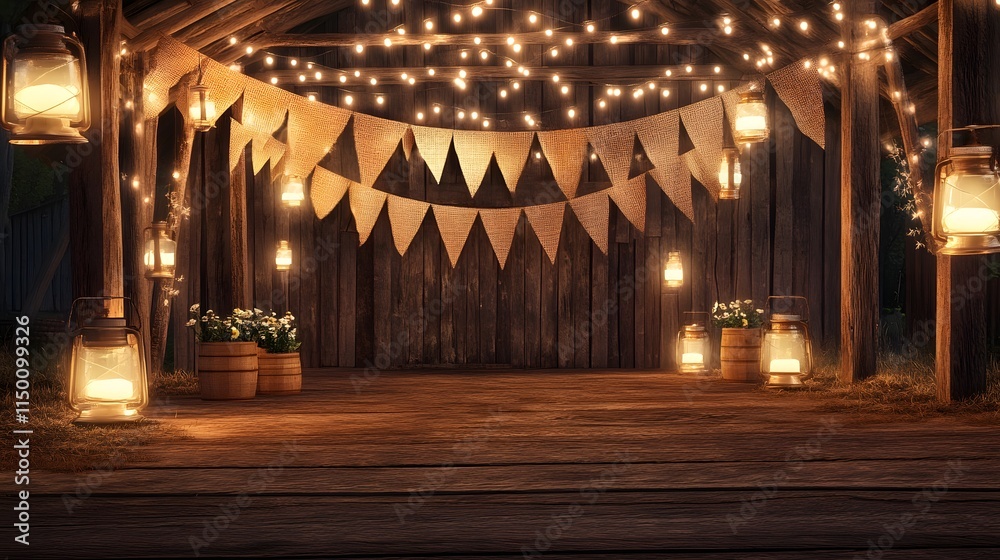 Obraz premium A rustic barn decorated with burlap banners string lights and mason jar lanterns for a country-themed party.
