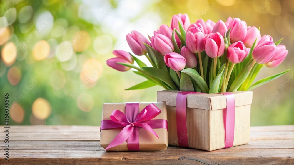 Obraz premium A bouquet of pink tulips presented in a gift box, with a smaller gift box wrapped in brown paper and a pink ribbon resting on a rustic wooden table