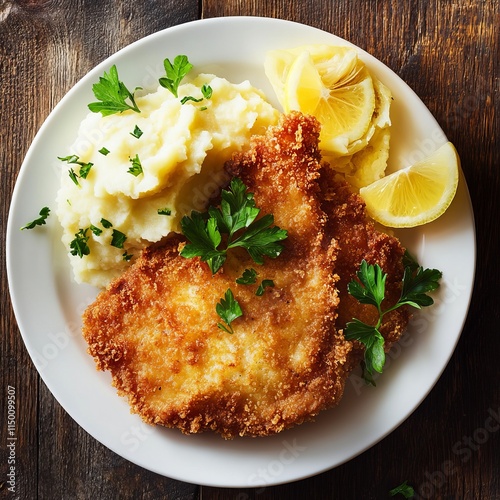 A delectable and crispy pork schnitzel with a side of tangy sauerkraut and buttery mashed potatoes, served on a white plate, Pork schnitzel centered photo