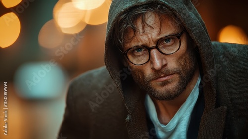 A contemplative man with glasses and a hoodie stands in a city alley, his thoughtful gaze illustrating introspection and a quiet depth beneath city lights. photo