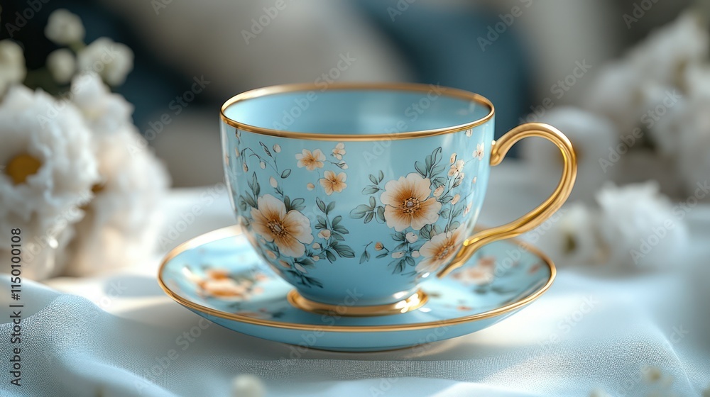 Elegant light blue teacup and saucer with floral pattern on white fabric. Elegant light blue teacup and saucer with floral pattern on white fabric.