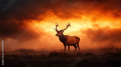 A majestic deer with antlers stands proudly against a dramatic sunset sky, its silhouette highlighted by the orange glow, exuding strength and grace in nature. photo