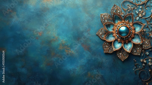 Intricate floral design with blue and bronze tones against a textured background photo