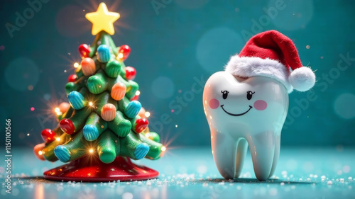 A smiling snow-white tooth in a Santa Claus hat stands under a Christmas tree made of toothbrushes