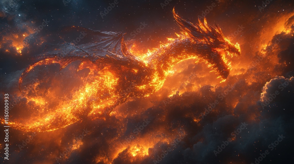 Naklejka premium A fiery dragon soaring through a cosmic landscape, embodying fantasy and imagination.