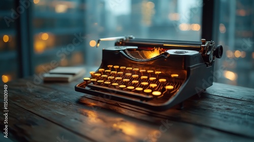 A classic typewriter with illuminated keys placed on a wooden desk by a window with a city view, representing storytelling in a modern urban backdrop. photo