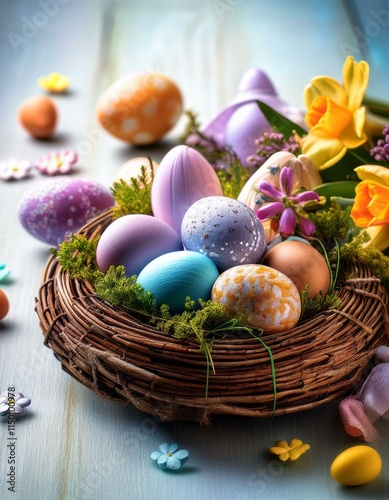 Generated image Still life arrangement of Easter-themed decorations
