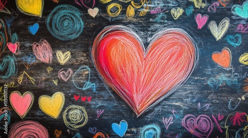 Chalkboard with large red heart and colorful smaller hearts.