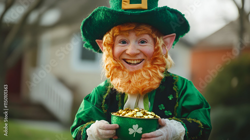 A friendly leprechaun character entertaining children during a St. Patricks Day event holding a pot of gold and a shamrock. photo