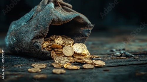 A collection of shiny gold coins pours out from a tattered burlap sack, scattered across a worn wooden table, evoking themes of wealth and discovery. photo