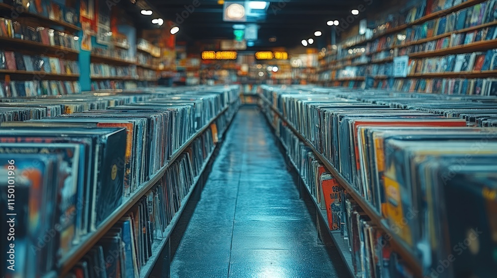 Record store aisle; vinyl albums line shelves. Record store aisle; vinyl albums line shelves.