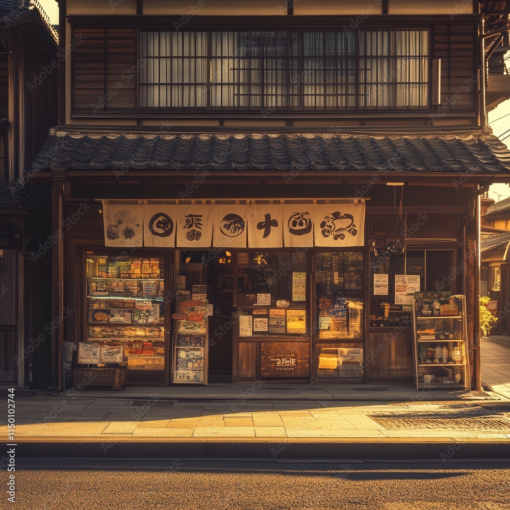 hop front in Inuyama City during the late afternoon, with sunlight casting warm tones on the traditional wooden shop signs hop front in Inuyama City during the late afternoon, with sunlight casting warm tones on the traditional wooden shop signs
