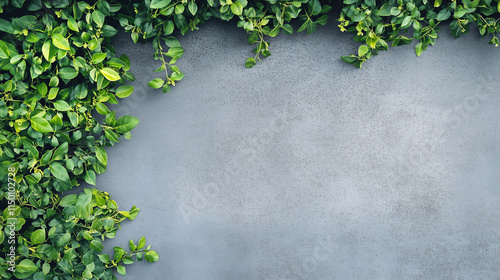 Lush Green Foliage Framing Gray Concrete Background: Nature Meets Urban