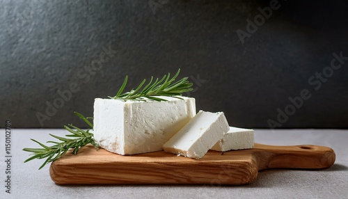 Generated image Tasty white feta cheese and herbs rosemary on cutting board in table at kitchen