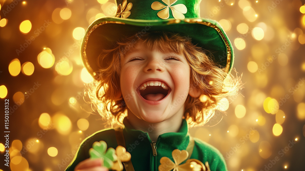 Smiling joyful child dressed in St. Patrick's Day attire, playful leprechaun hat hold clovers. festive and cheerful background with golden sparkles.Horizontal Smiling joyful child dressed in St. Patrick's Day attire, playful leprechaun hat hold clovers. festive and cheerful background with golden sparkles.Horizontal