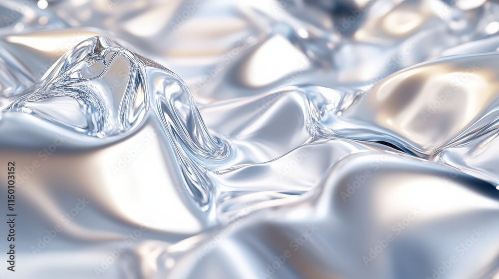 A shimmering, reflective surface resembling liquid metal or water, characterized by smooth, flowing folds and a glossy appearance. A shimmering, reflective surface resembling liquid metal or water, characterized by smooth, flowing folds and a glossy appearance.