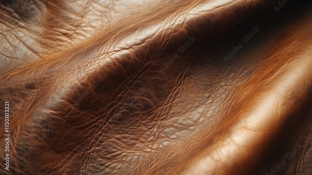 Fototapeta premium A close-up view of soft, textured brown leather, showcasing its natural creases and rich, warm tones.