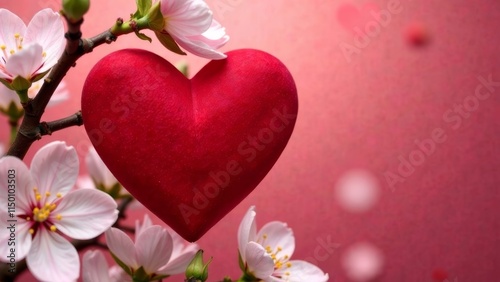 Close-up of a red heart made from valentines, against a background of blooming white alsobia, at the bottom, valentines day, copy space photo