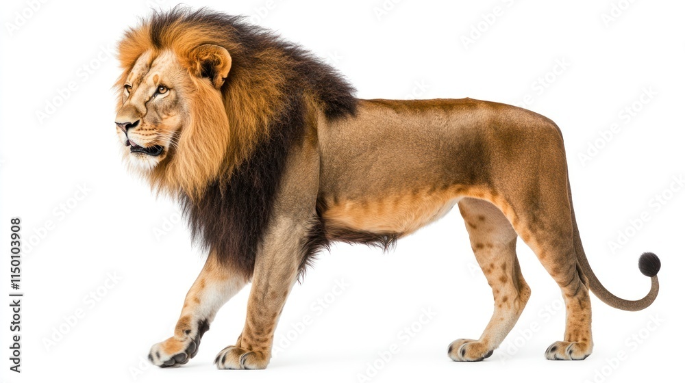 Obraz premium A majestic lion walking confidently with a prominent mane against a white background.